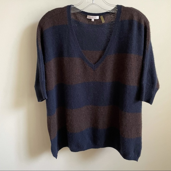 MINNIE ROSE Cashmere Striped 3/4 Sleeve Navy and Brown Oversized Sweater XS/S - Picture 2 of 9